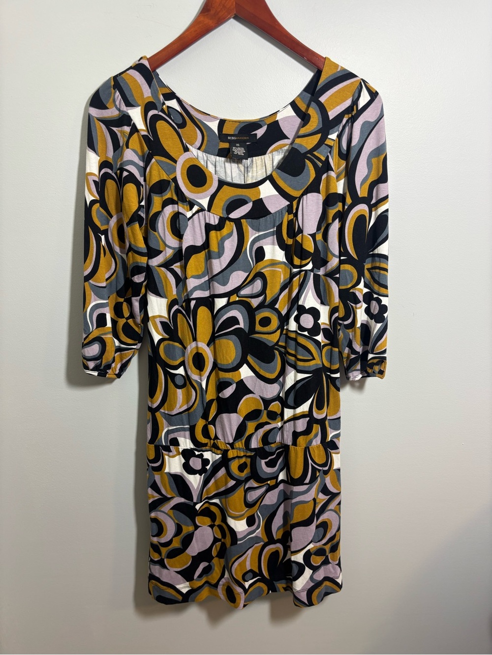 BCBGMAXAZRIA Y2K Floral Drop Waist Dress Abstract Floral Mustard Lilac Rayon XS